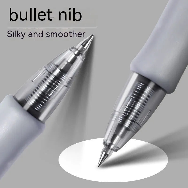 A plastic gel pen with a 0.5mm tip, shown in black, red, and blue colour options.