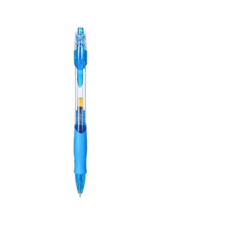 A plastic gel pen with a 0.5mm tip, shown in black, red, and blue colour options.