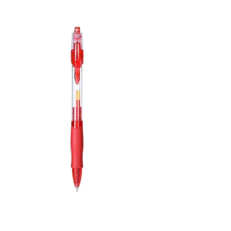 A plastic gel pen with a 0.5mm tip, shown in black, red, and blue colour options.