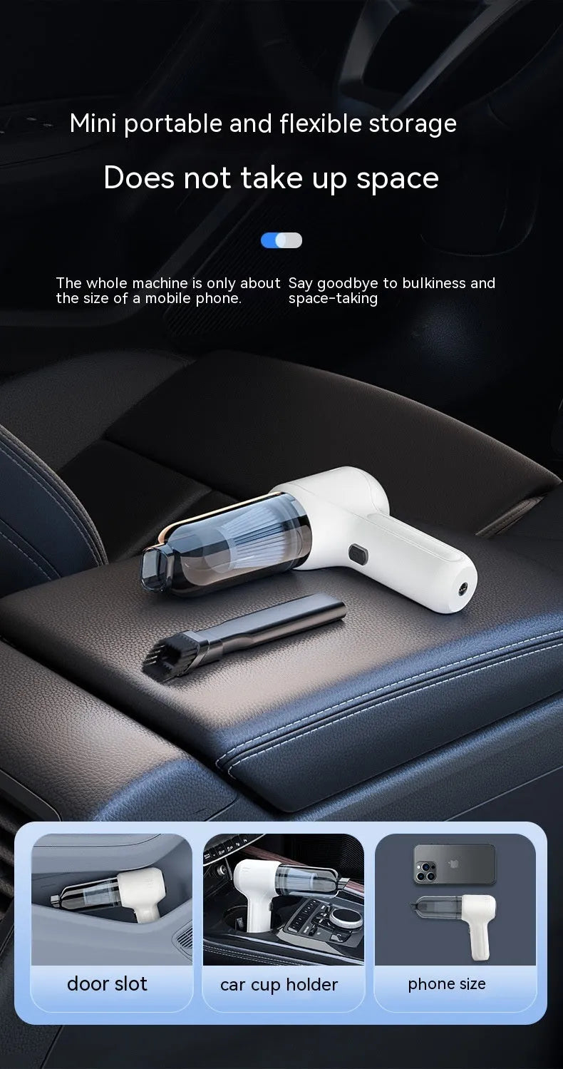Black cordless car vacuum cleaner with multiple nozzle attachments on a car seat.