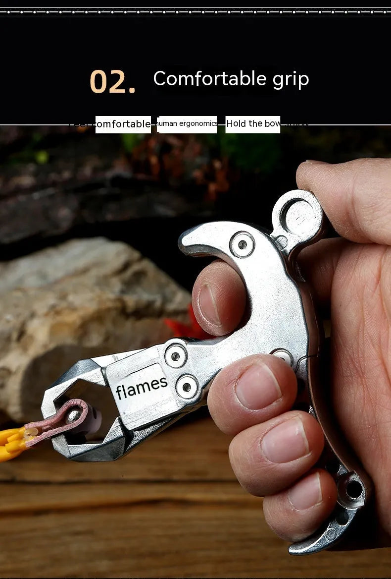 Alloy archery release aid with two-axis harpoon clip for bow string control