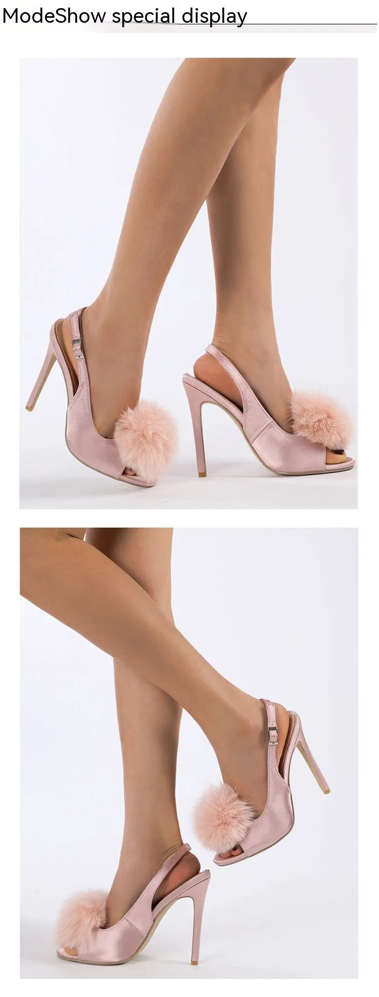 Women's high-heeled sandal with PU upper, fish mouth toe, and gentle hairy ball satin detail in black
