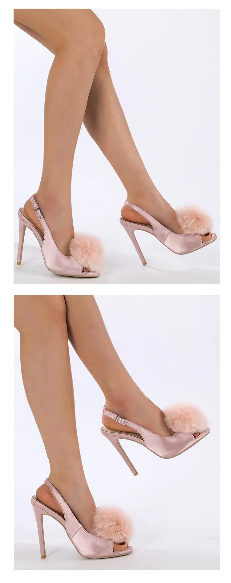 Women's high-heeled sandal with PU upper, fish mouth toe, and gentle hairy ball satin detail in black