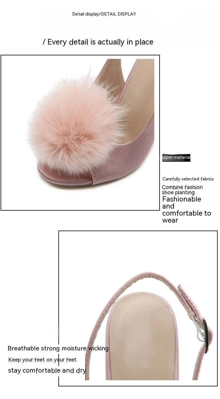 Women's high-heeled sandal with PU upper, fish mouth toe, and gentle hairy ball satin detail in black