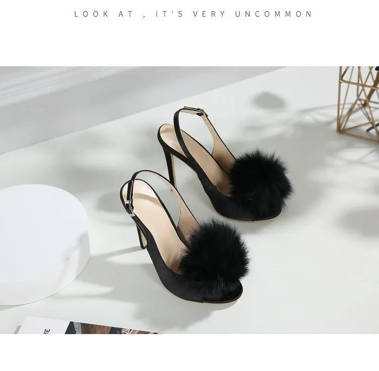 Women's high-heeled sandal with PU upper, fish mouth toe, and gentle hairy ball satin detail in black