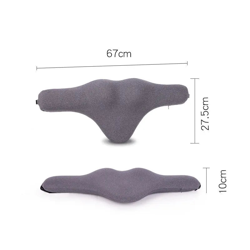 Dark grey memory foam car headrest pillow shown on car seat, measuring 67x10x27.5 cm.