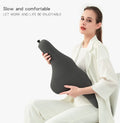 Dark grey memory foam car headrest pillow shown on car seat, measuring 67x10x27.5 cm.