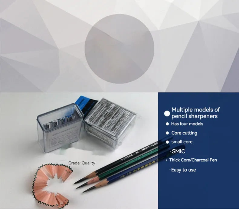 Geometric four-hole plastic pencil sharpener with spare blades and a screwdriver on a white background