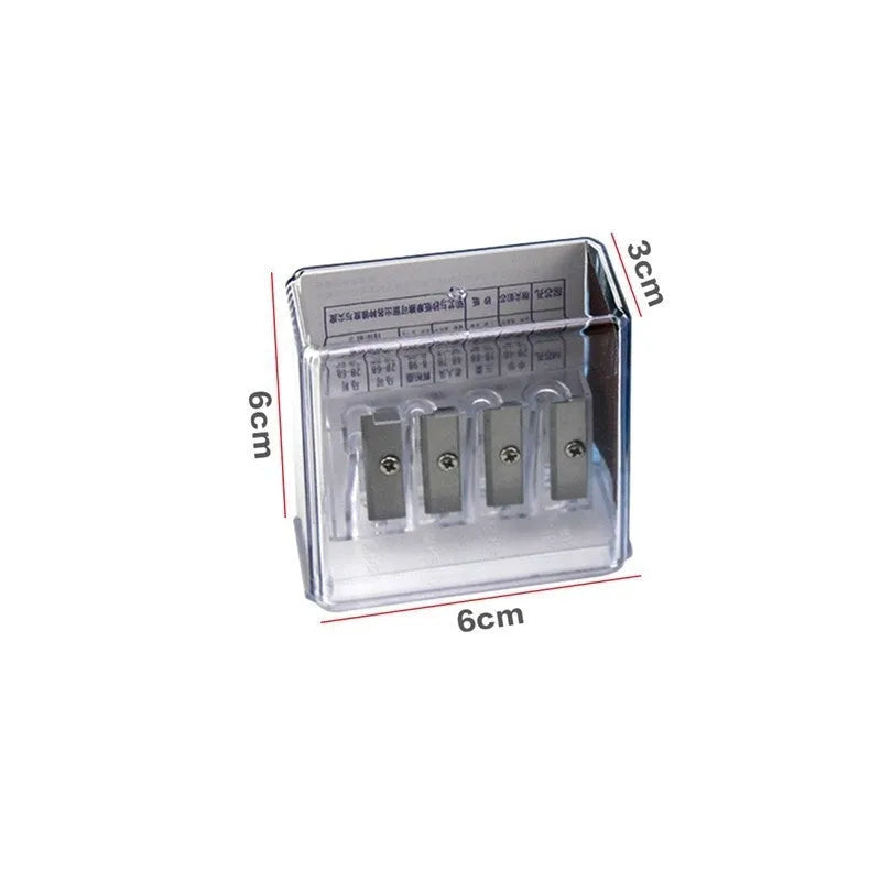 Geometric four-hole plastic pencil sharpener with spare blades and a screwdriver on a white background
