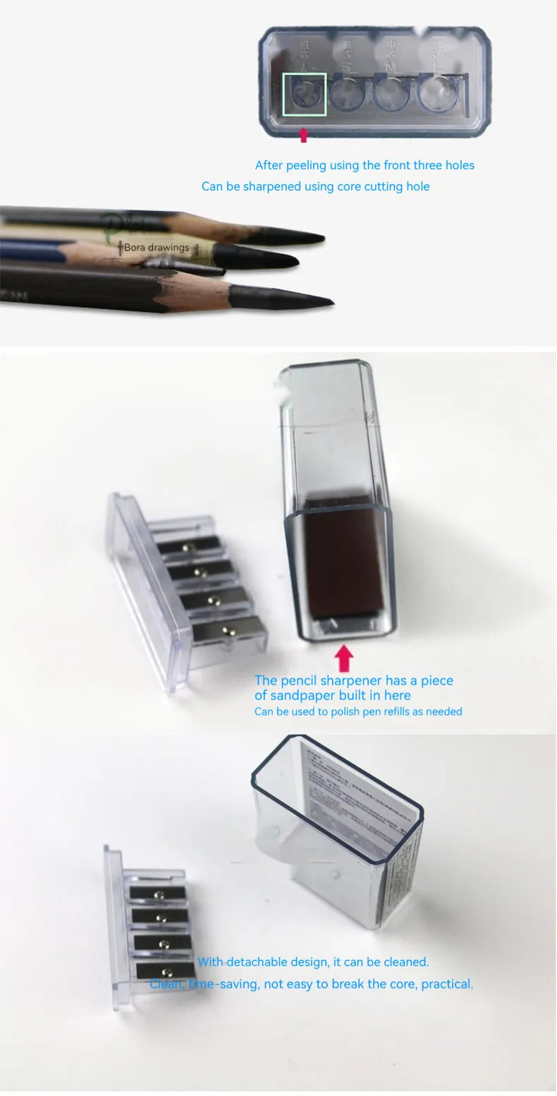 Geometric four-hole plastic pencil sharpener with spare blades and a screwdriver on a white background