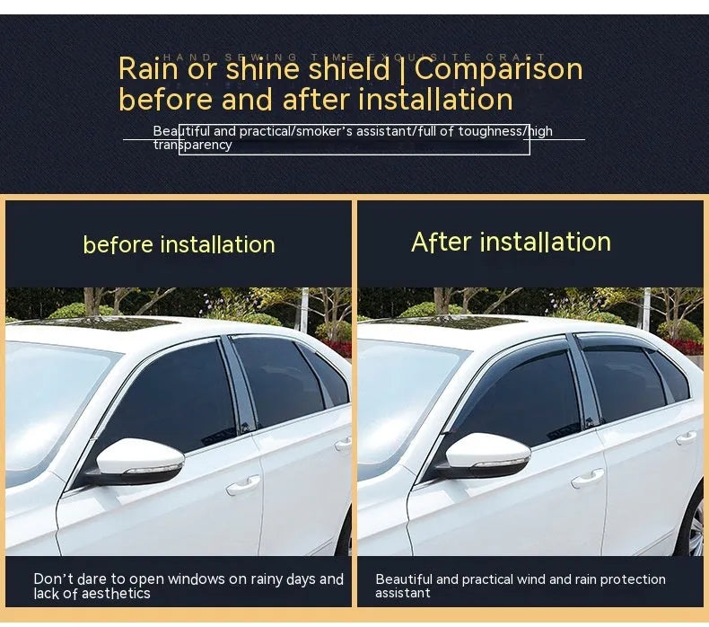 Four PVC rain visors for Jeep Wrangler side windows, compatible with 2007-2021 models without highlight strips