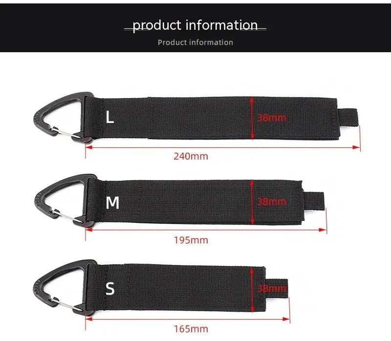 Black heavy-duty storage strap with carabiner hook and gravity strap climbing button for tool organisation