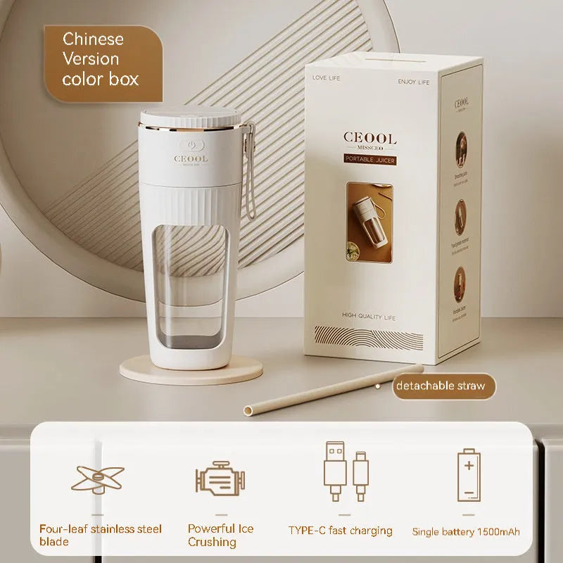 Portable electric juicer cup 80W 340ml rechargeable fruit juicer with PC food grade plastic liner