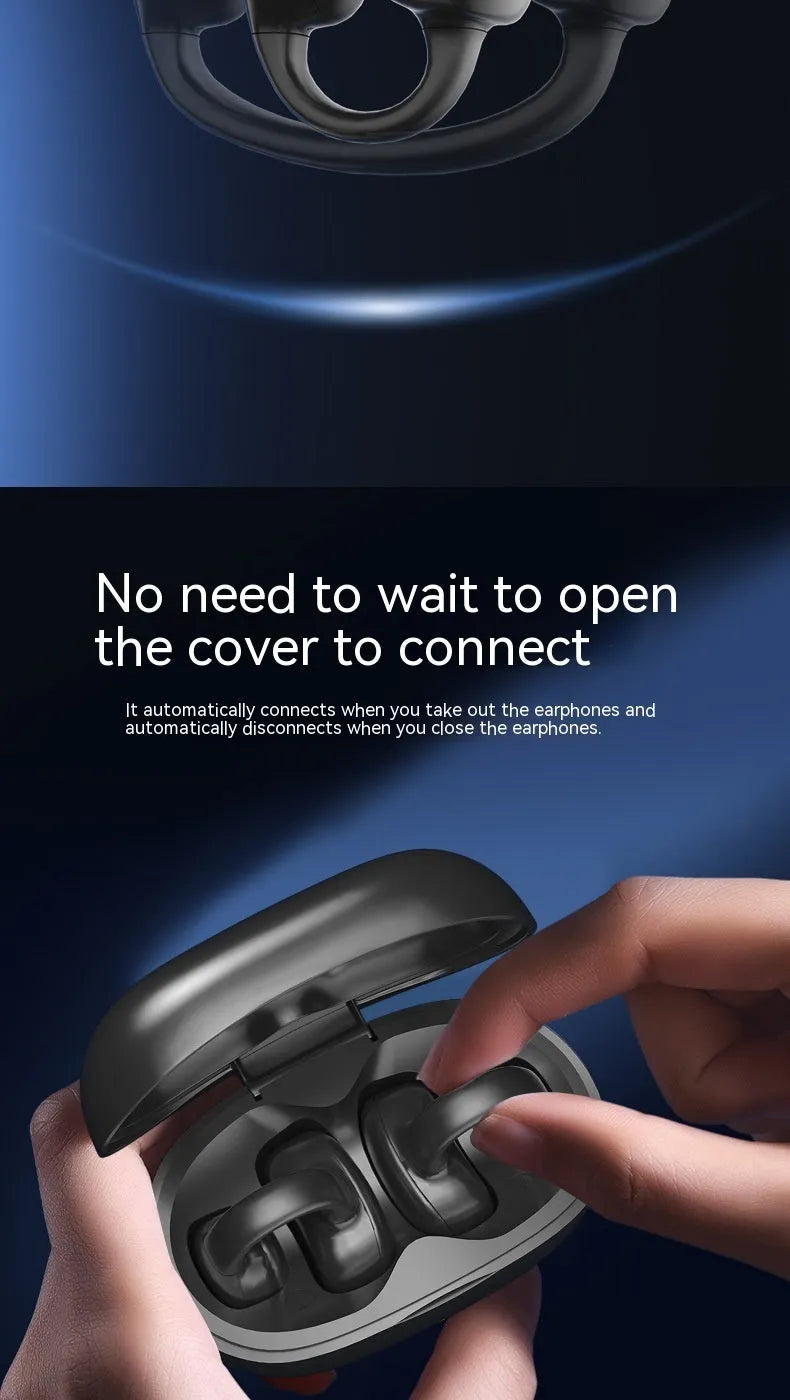 Black true wireless bone conduction sports headset with clip-type PC ABS earpieces and charging compartment