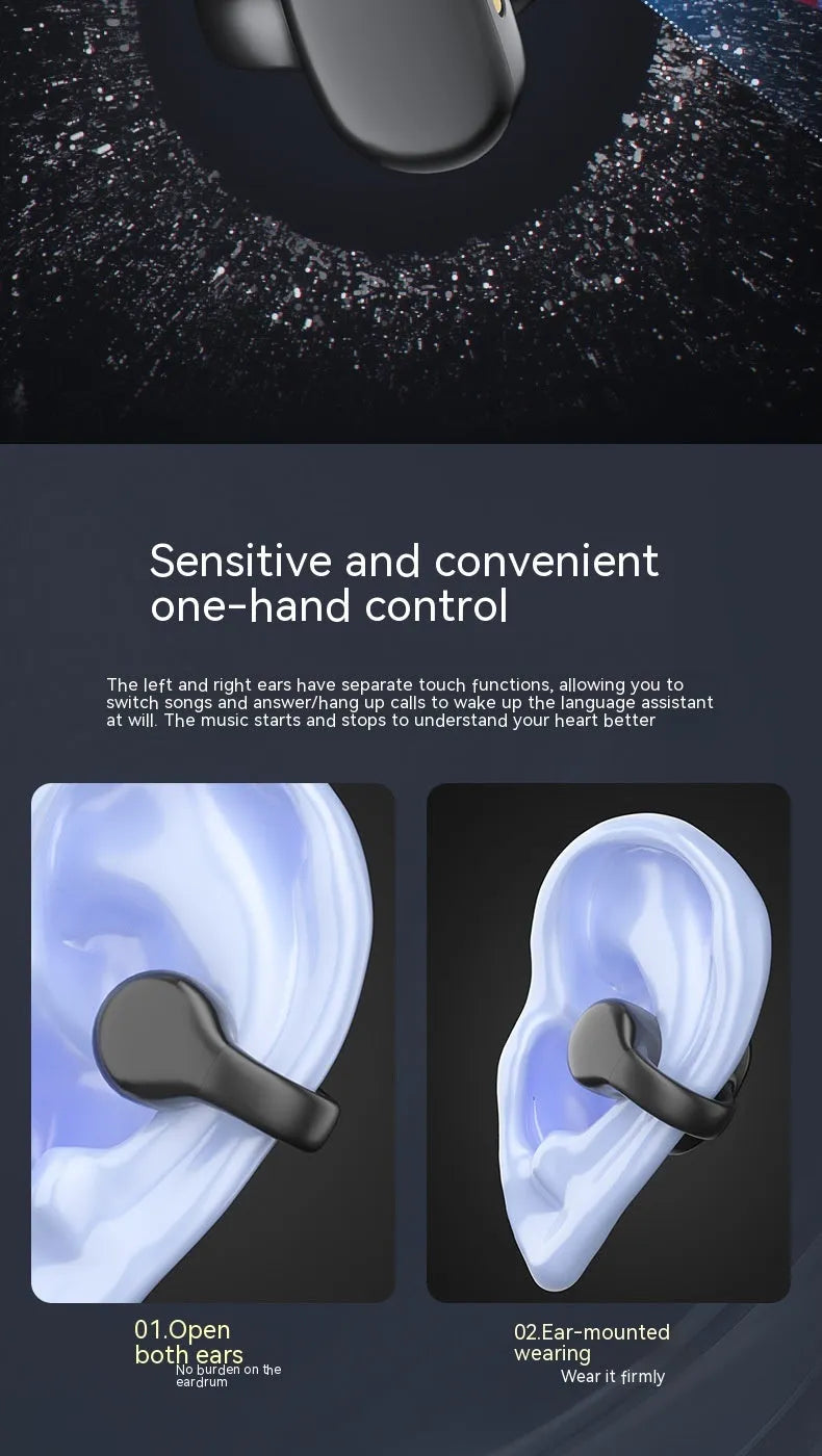 Black true wireless bone conduction sports headset with clip-type PC ABS earpieces and charging compartment