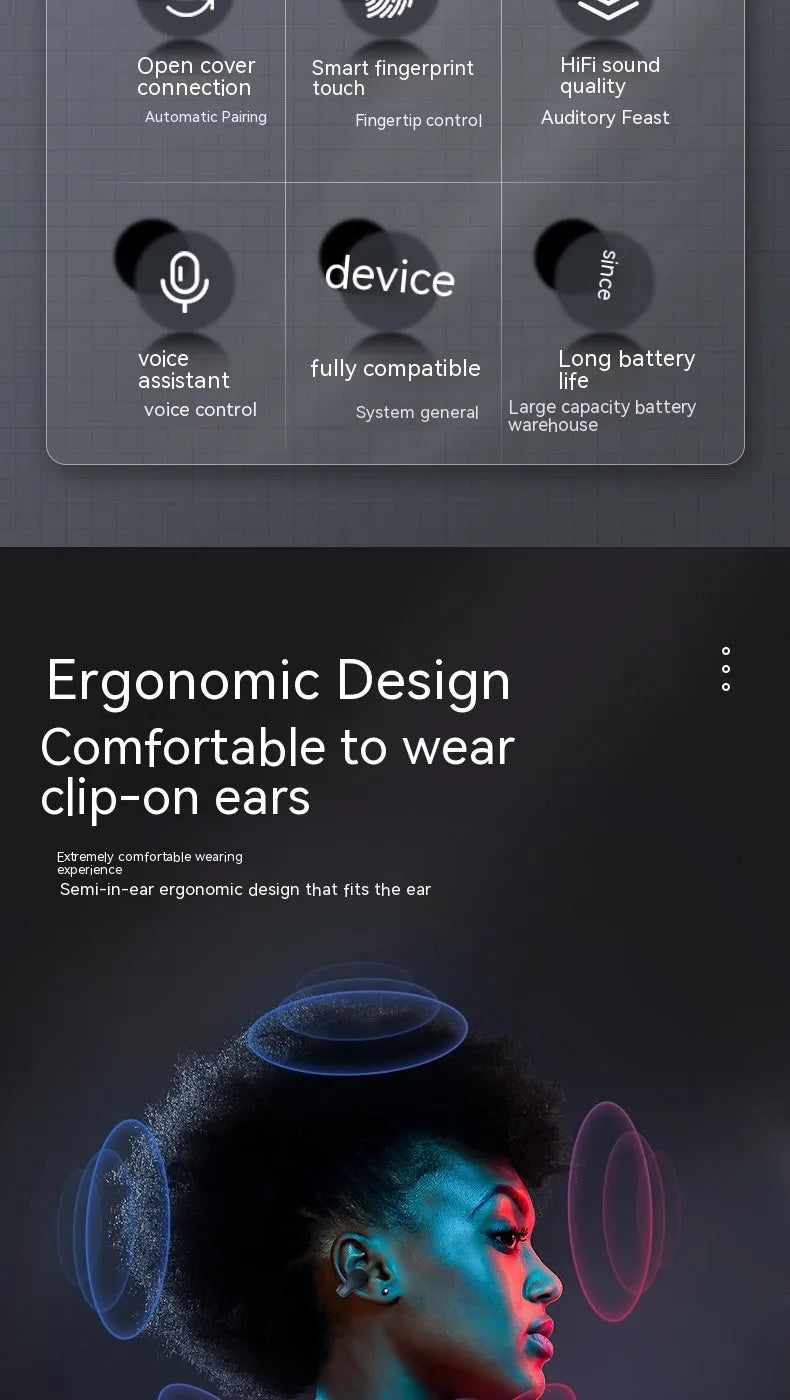 Black true wireless bone conduction sports headset with clip-type PC ABS earpieces and charging compartment