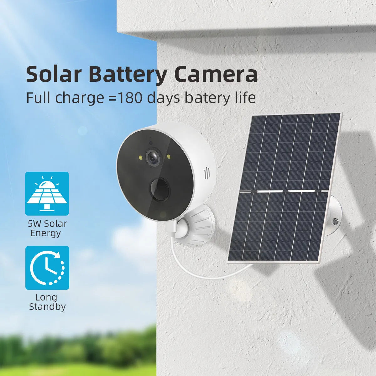 Outdoor solar-powered security camera with separate solar panel unit
