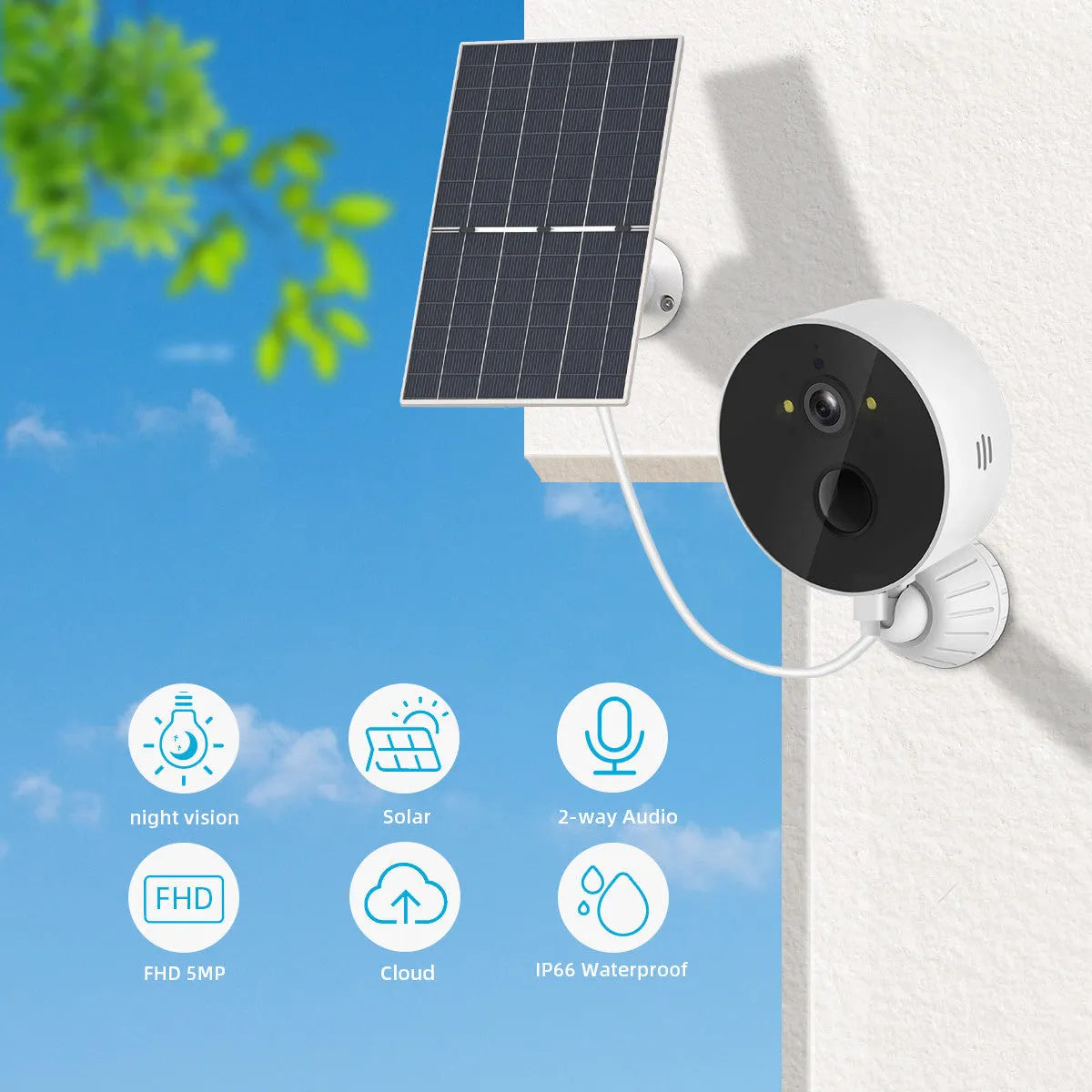 Outdoor solar-powered security camera with separate solar panel unit