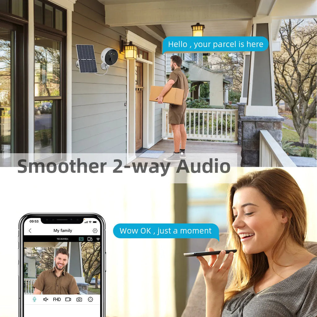 Outdoor solar-powered security camera with separate solar panel unit