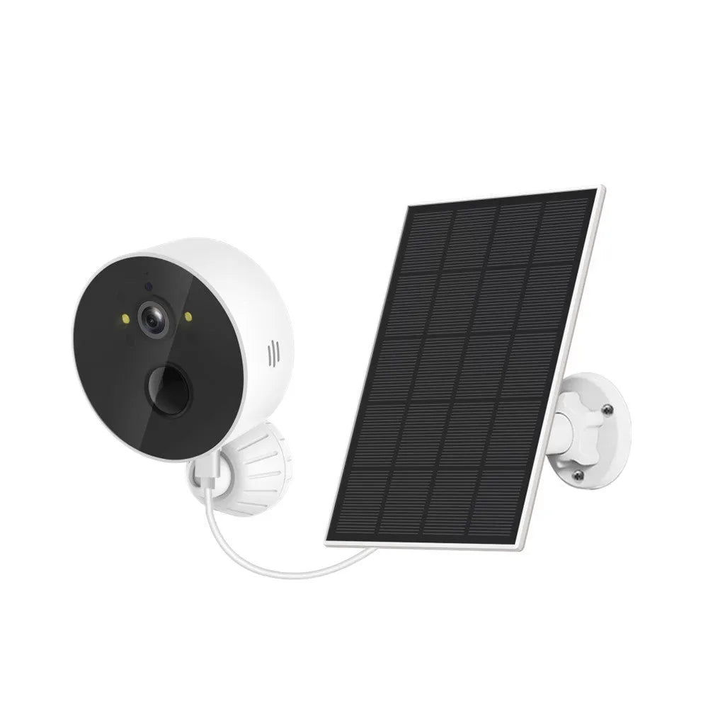 Outdoor solar-powered security camera with separate solar panel unit