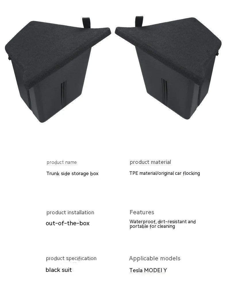 Tesla Model Y and Model 3 trunk side storage box covers in TPE and ABS materials