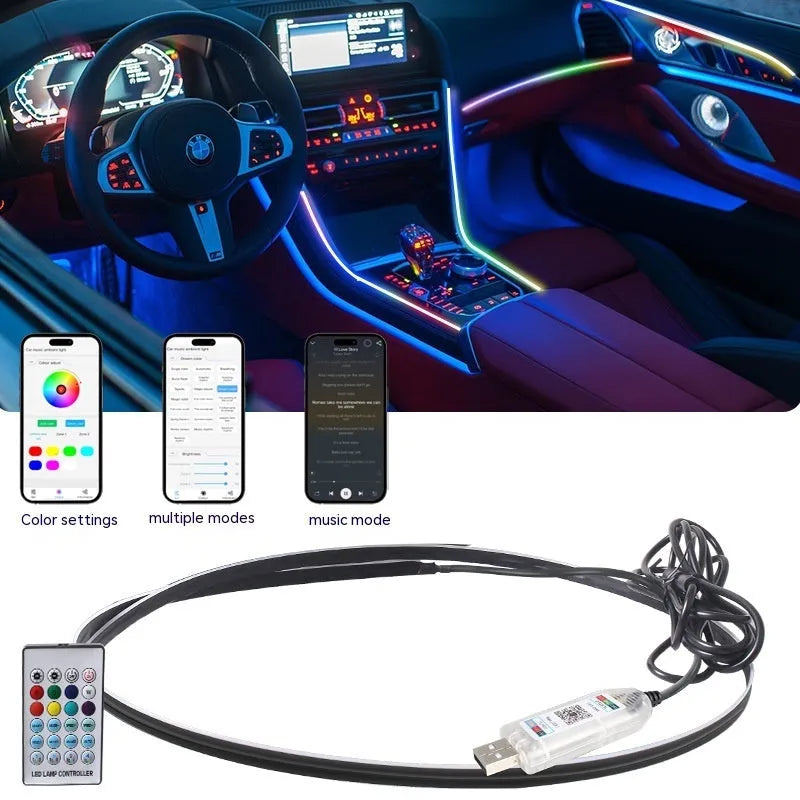 Car interior ambient lighting kit with LED strips, remote control, and smartphone app display showing colour customisation options