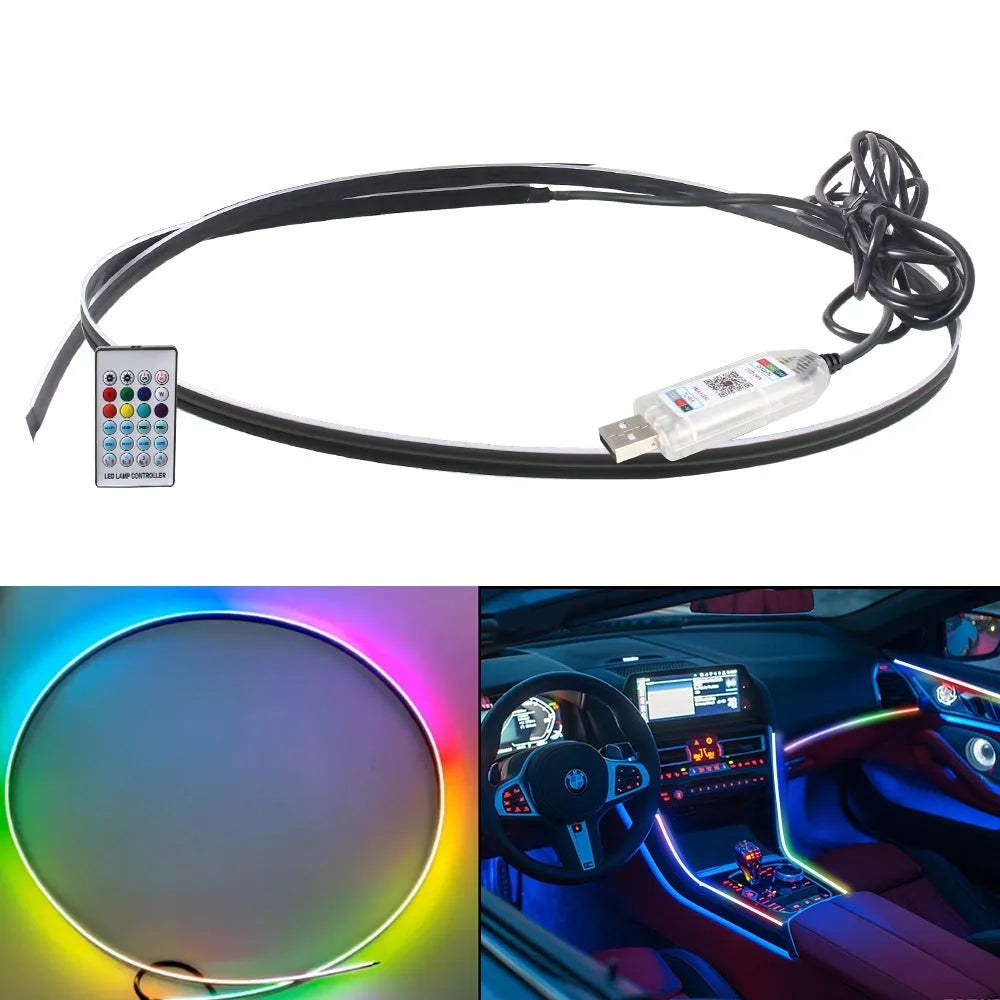 Car interior ambient lighting kit with LED strips, remote control, and smartphone app display showing colour customisation options