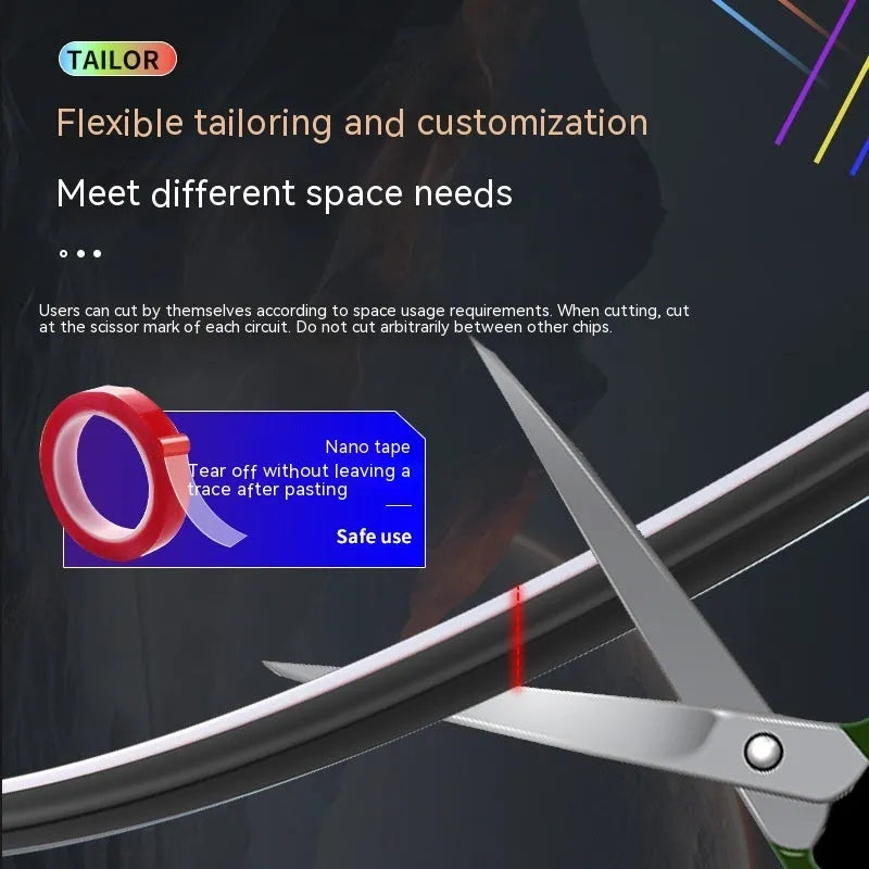Car interior ambient lighting kit with LED strips, remote control, and smartphone app display showing colour customisation options