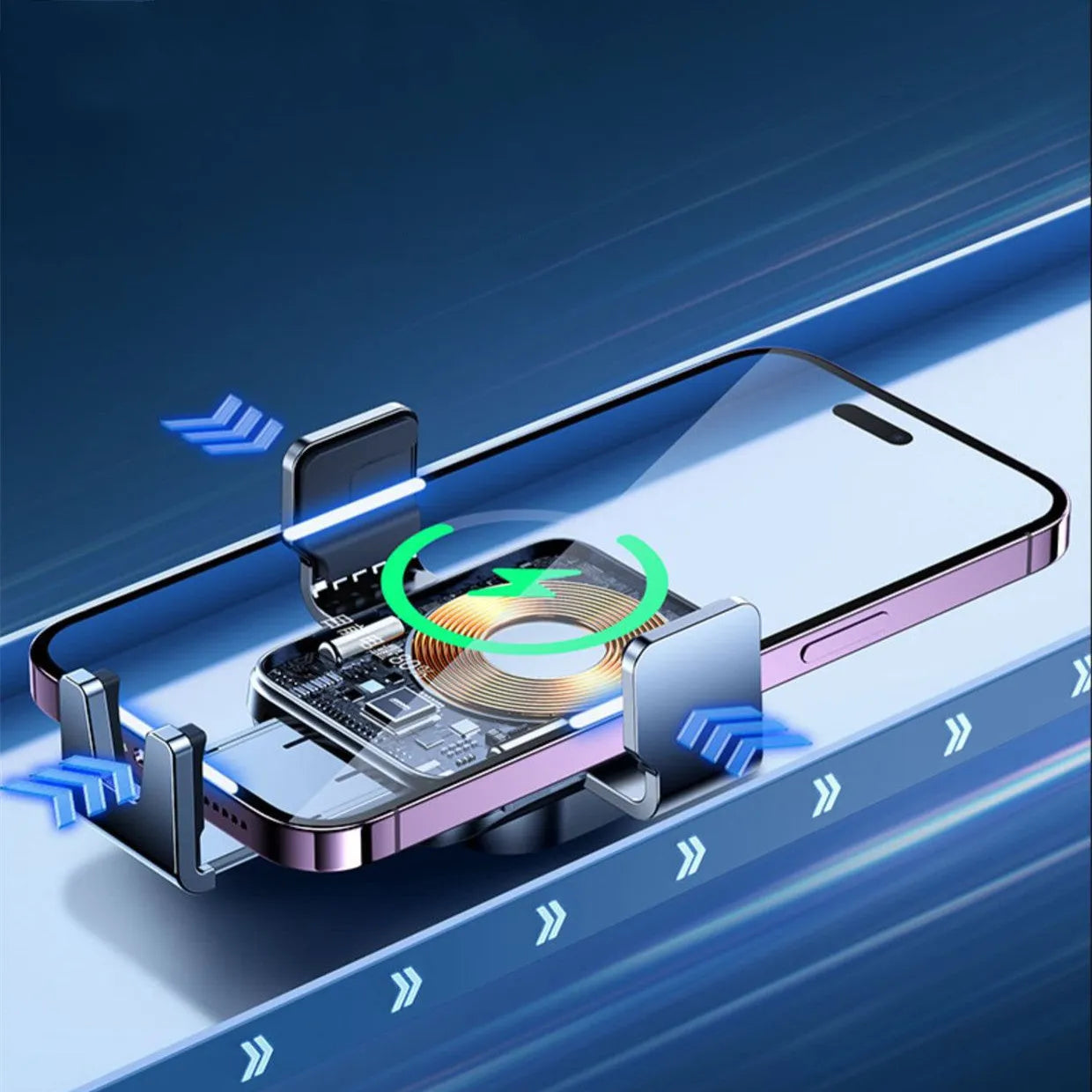 Black automatic wireless car charging bracket mounted on a car air vent, showing a phone placed on the charger.