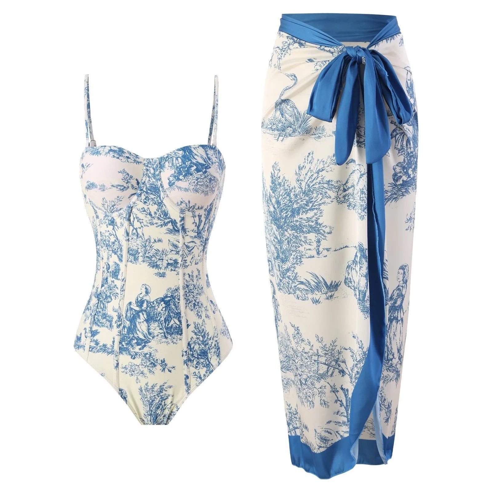 Blue women's one-piece swimsuit with matching gauze skirt set on mannequin