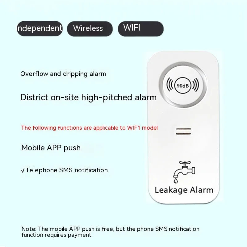 Overflow sensor independent alarm for water leak detection with wireless connectivity options