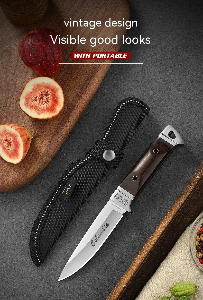 Camping portable fruit knife with leather case, stainless steel national style design