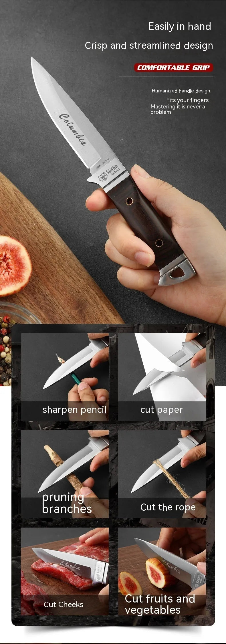 Camping portable fruit knife with leather case, stainless steel national style design