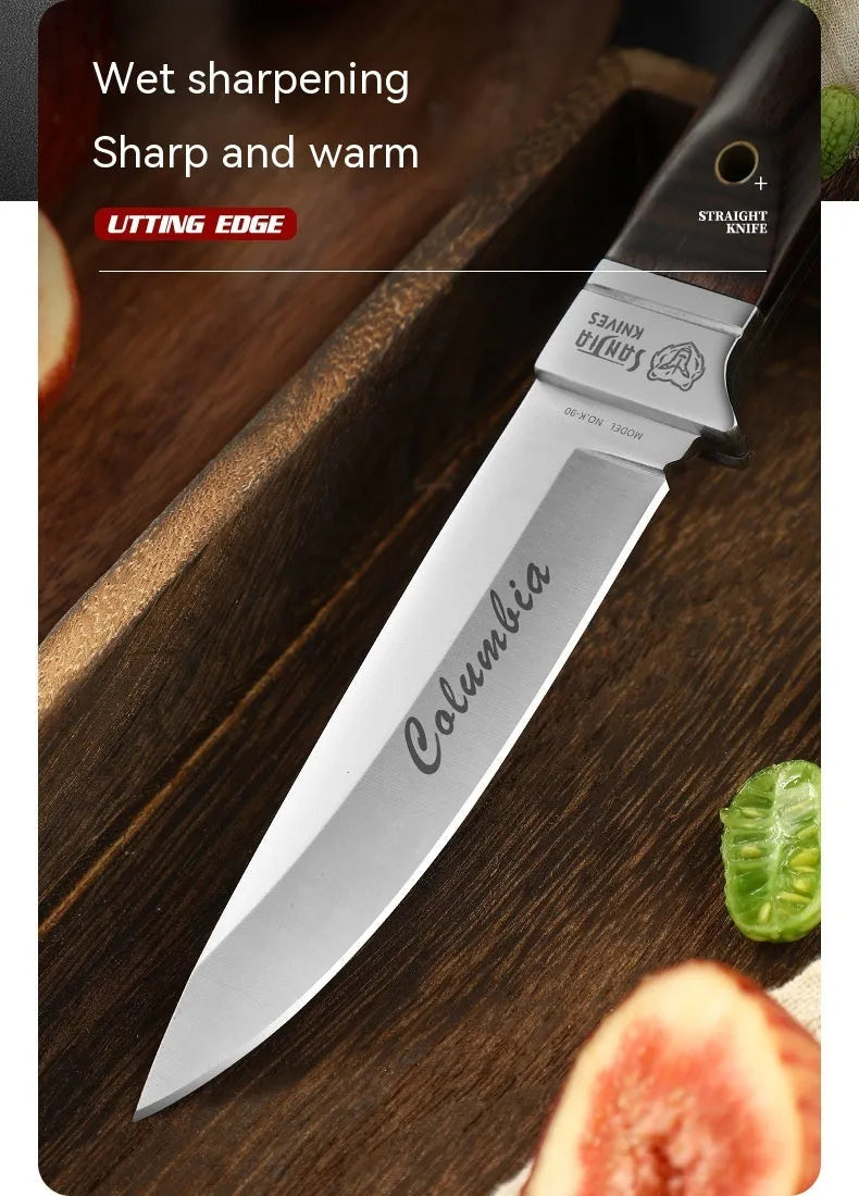 Camping portable fruit knife with leather case, stainless steel national style design