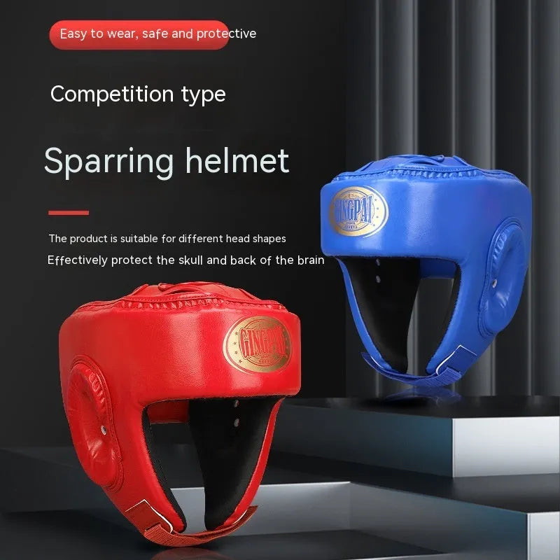 Fully enclosed boxing helmet with jaw protection in red colour, showing vertical ventilation channels