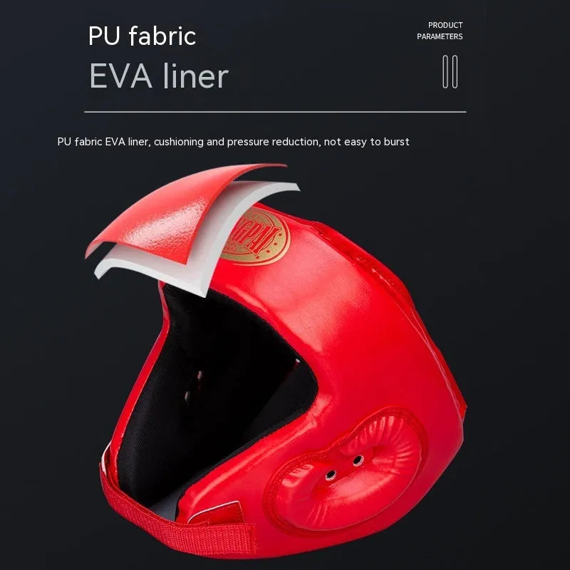 Fully enclosed boxing helmet with jaw protection in red colour, showing vertical ventilation channels