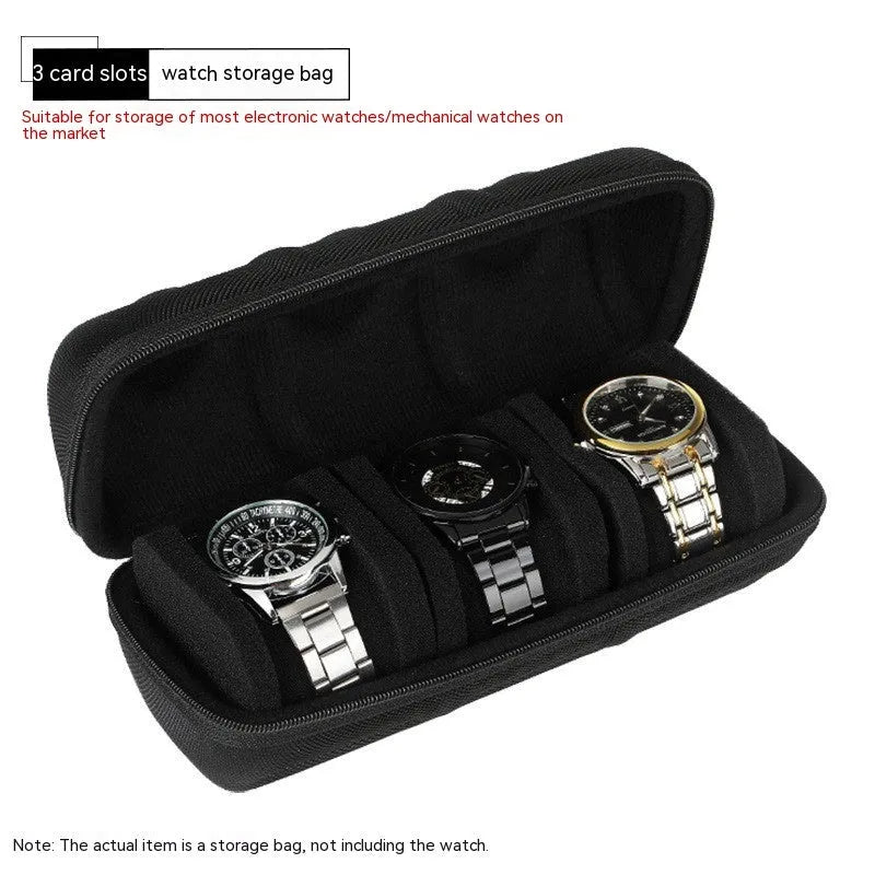 Black drop-resistant watch storage bag with EVA padding and velvet lining, 1 card position, on a flat surface