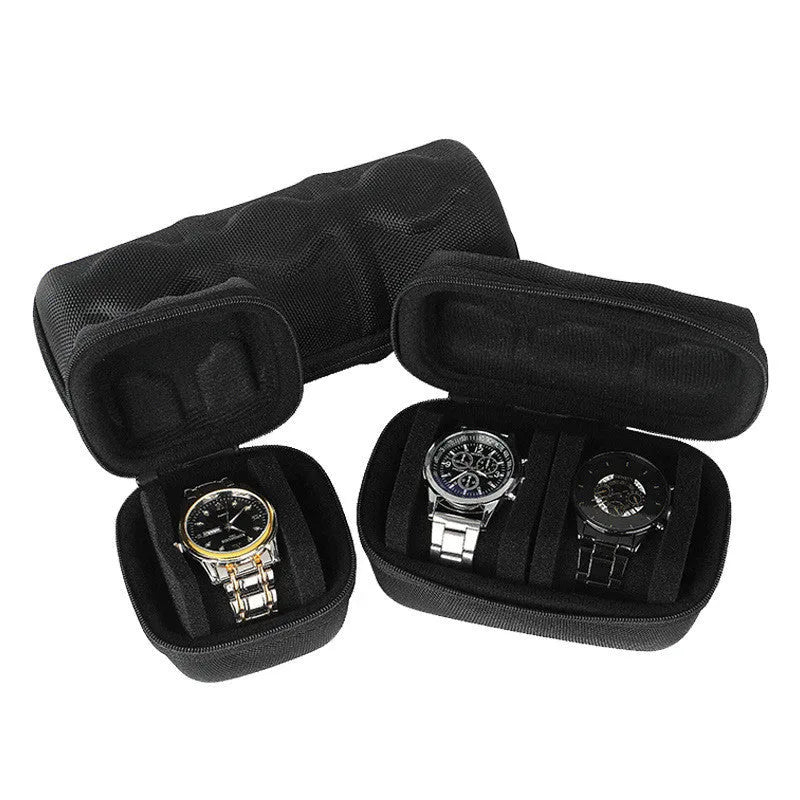 Black drop-resistant watch storage bag with EVA padding and velvet lining, 1 card position, on a flat surface