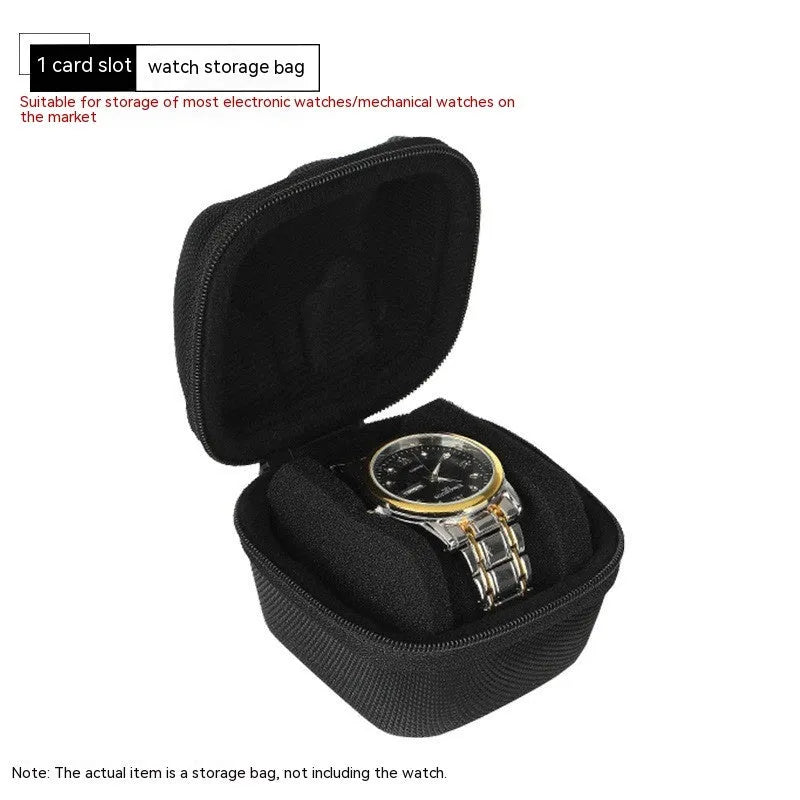 Black drop-resistant watch storage bag with EVA padding and velvet lining, 1 card position, on a flat surface