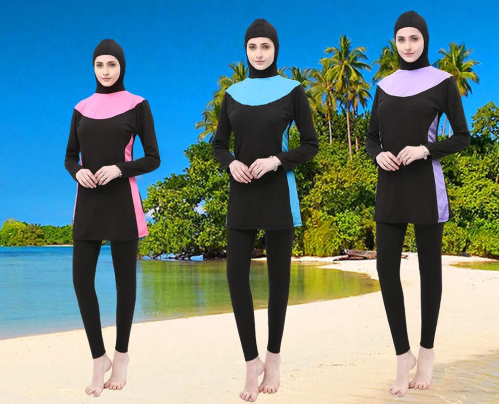 Women's black hooded long sleeve split swimsuit with pants for swimming