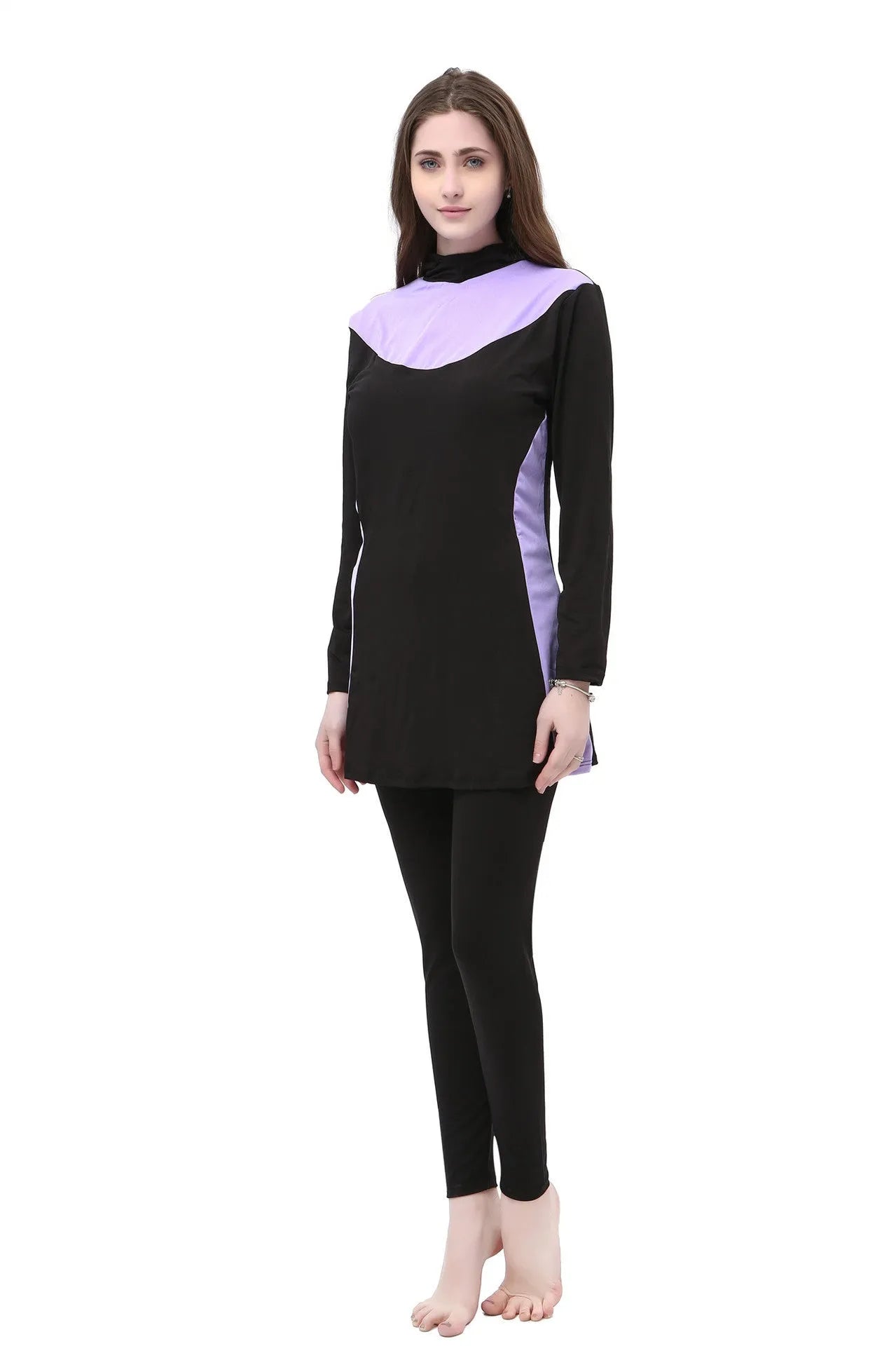 Women's black hooded long sleeve split swimsuit with pants for swimming