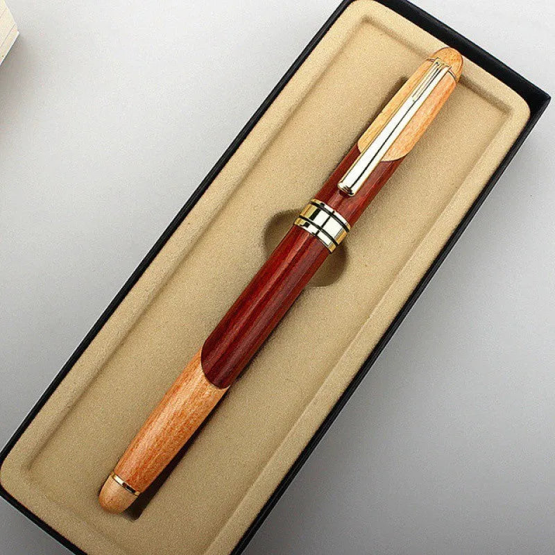 Wooden barrel pen with metal components and a storage bag