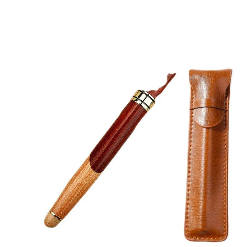 Wooden barrel pen with metal components and a storage bag