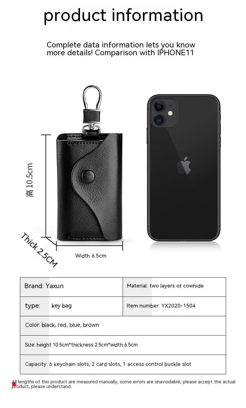Square genuine leather keychain card holder with key ring in black colour.
