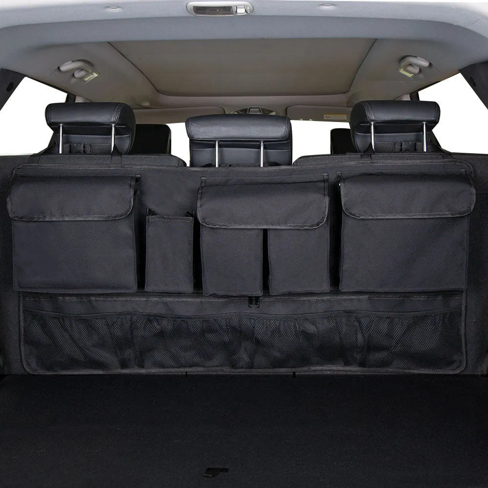 Black car trunk hanging storage organiser with handle made from waterproof Oxford cloth