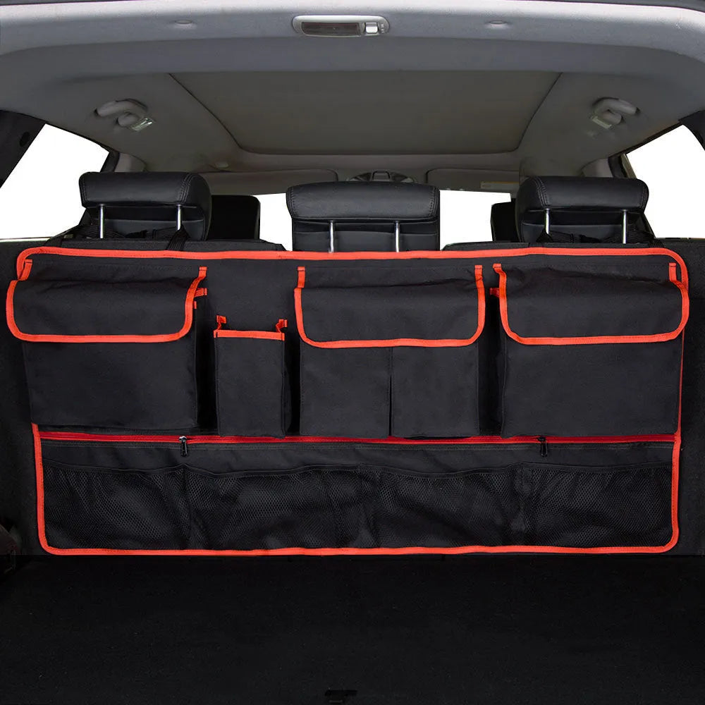 Black car trunk hanging storage organiser with handle made from waterproof Oxford cloth