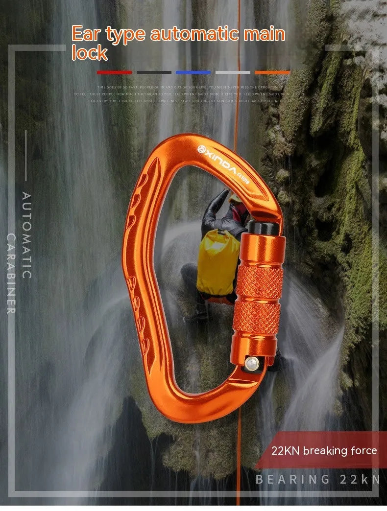 Automatic lock climbing carabiner in choice of black, blue, orange, red, or silver.