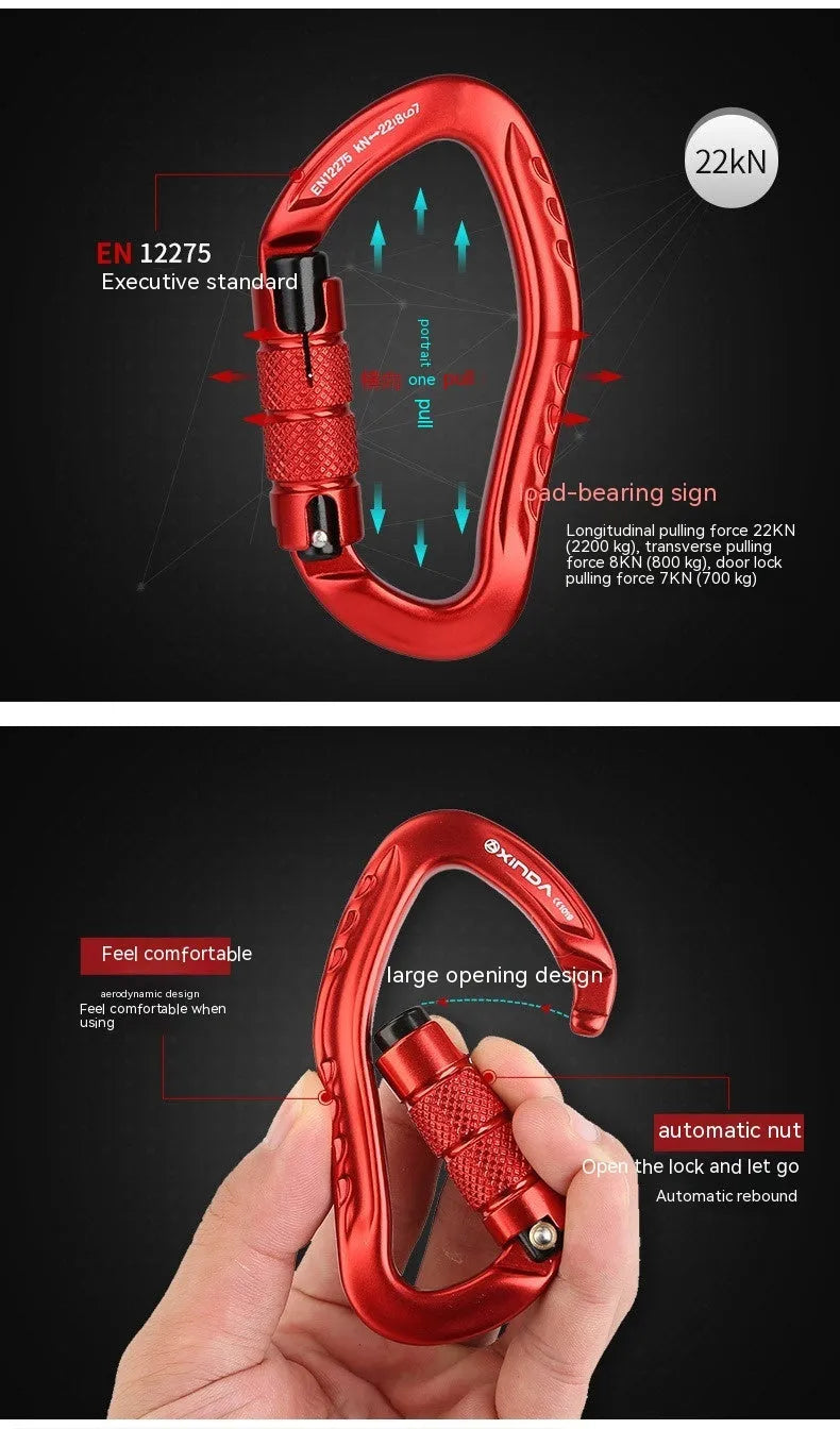 Automatic lock climbing carabiner in choice of black, blue, orange, red, or silver.