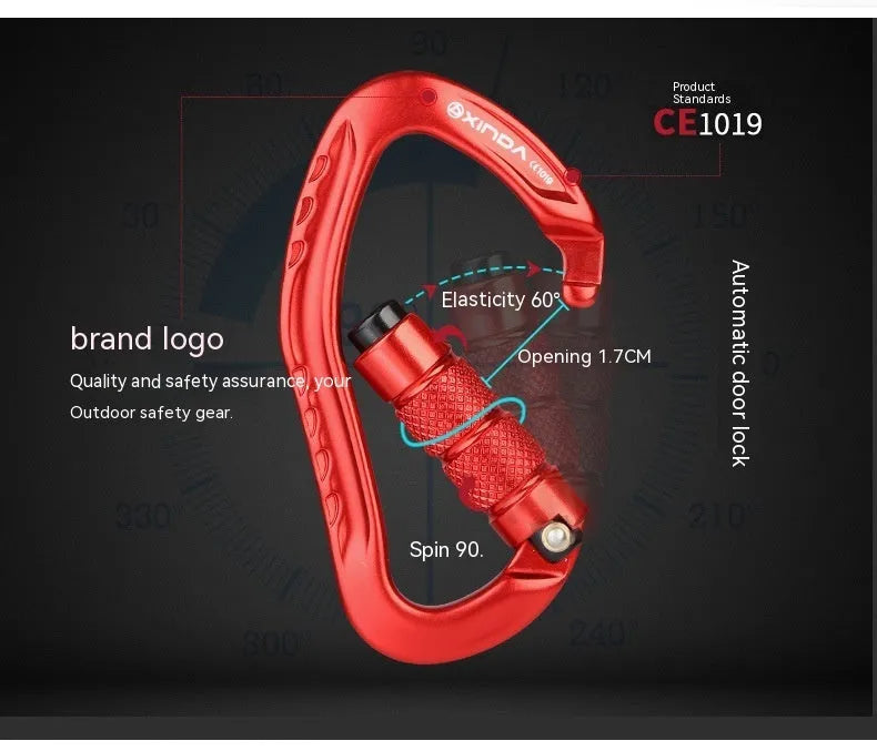 Automatic lock climbing carabiner in choice of black, blue, orange, red, or silver.