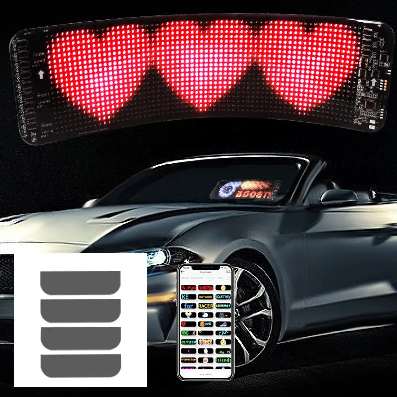 Black flexible LED screen for adhesive mounting on a car rear windscreen, showing a coloured message display.